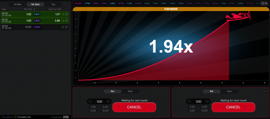 Scommesse nella demo gratuita di Aviator.