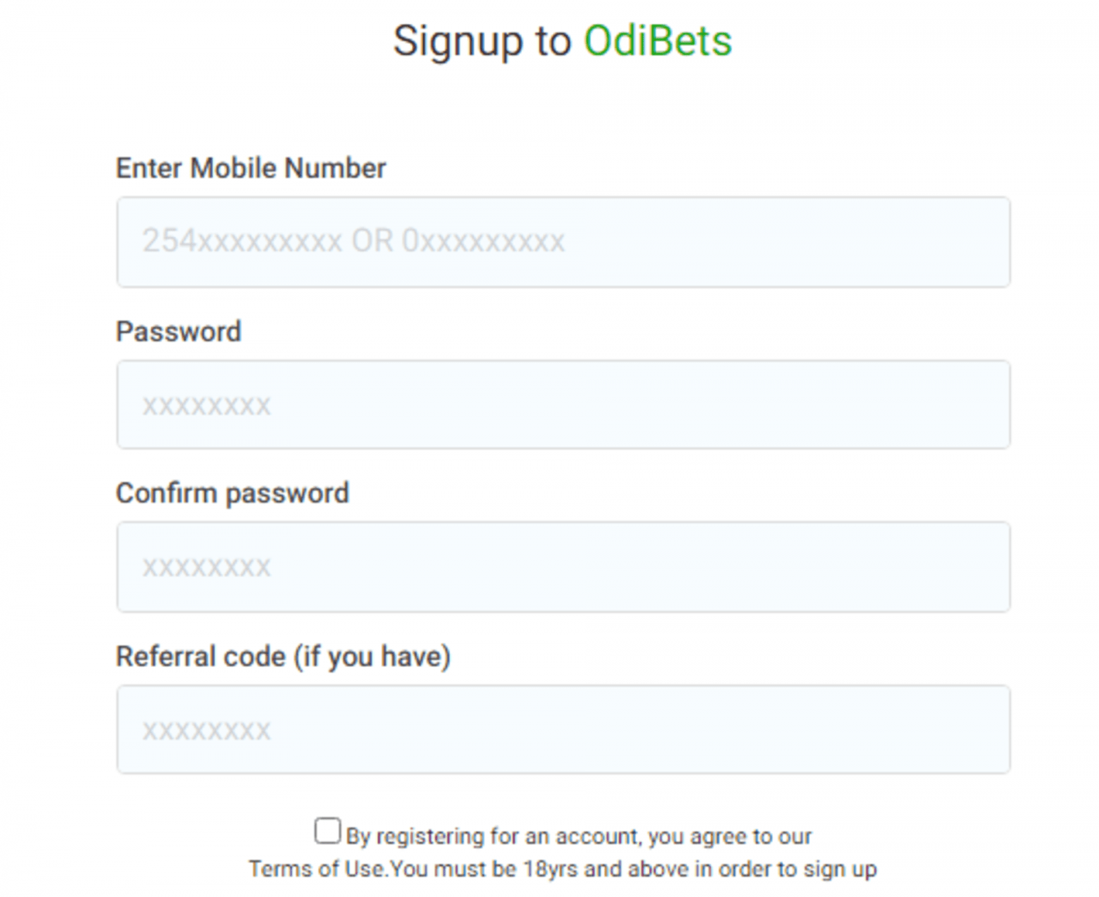 Odibets Registration form Odibets Registration form.